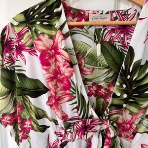 Charlie Paige Tropical Floral Tie Front Wide Leg Jumpsuit Pink Green White L/G